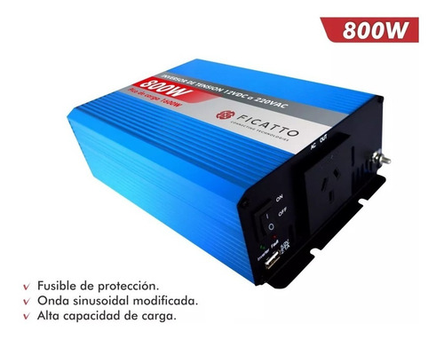 Imagen 2 de 5 de Inversor De Corriente 12v A 220v 800w Ficatto Auto Barco Casa Rodante