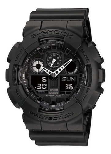 Imagen 1 de 4 de Reloj de pulsera Casio G-Shock GA-100 de cuerpo color negro, analógico-digital, para hombre, fondo negro, con correa de resina color negro, agujas color blanco, dial negro y gris, subesferas color negro y gris, minutero/segundero gris, bisel color negro y hebilla doble