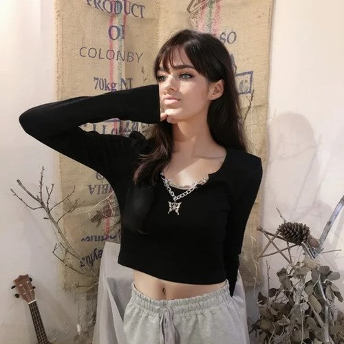 Camiseta Estampada Con Cuello En V Y Manga Larga Para Mujer