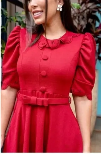 Vestido Midi God Rodado Corte A Laser Manga E Gola