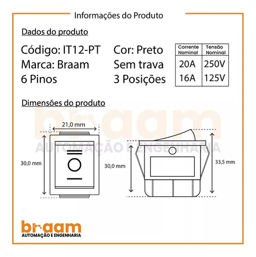 Chave Gangorra - 6pinos 3posição 20a - Oferta - On-off-on