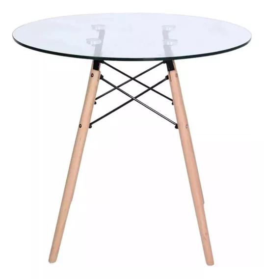 Mesa De Vidrio Templado Redonda 80 Cm Eames Base Madera