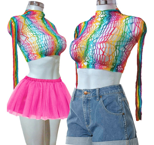 C^ Conjunto De Lencería De Red Arcoiris Sensual Con Gorro