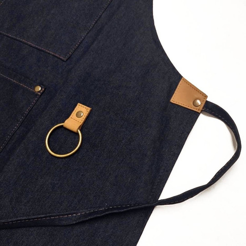 Imagen 5 de 7 de Delantal Denim Jean Y Cuero Con Porta Repasador Bolsillos