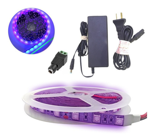 Kit Rollo Tira Led Uv Luz Negra + Conector + Fuente