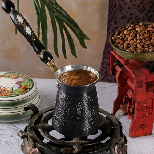 Cafetera Turca De Cobre 350 Ml Con Mango Y Cuchara De Madera