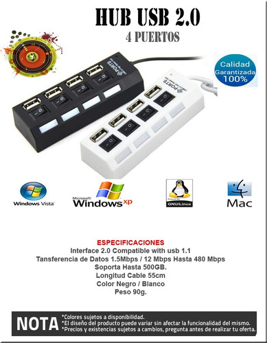 10 Pzs Hub Usb 2.0 4 Puertos Con Switch Led Laptop Pc Alta