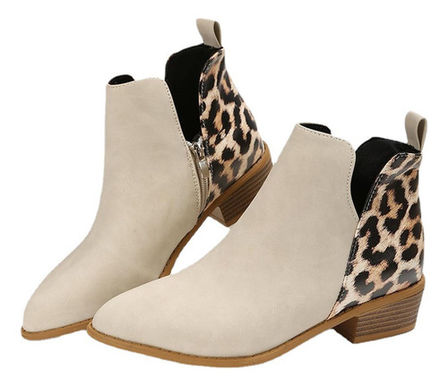 Zapatos De Leopardo Para Mujer, Botas Redondas De Tacón Grue