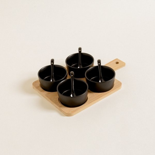 Set X 4 Copetineros Ceramica Negra Con Base Bamboo Y Cuchara