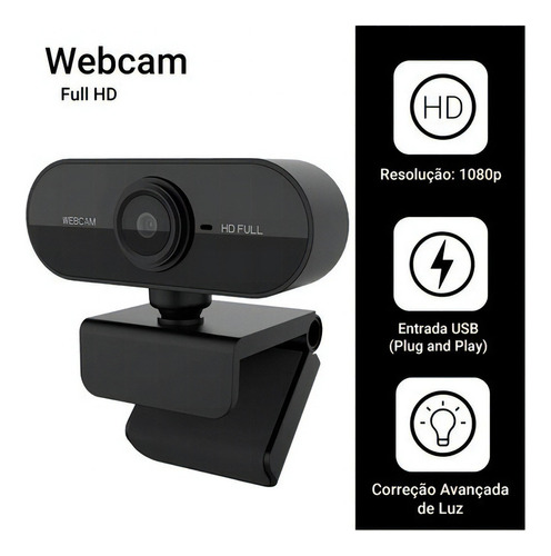 Webcam Preta Full Hd 1080p Usb Gira 360º Com Microfone Cor Preto