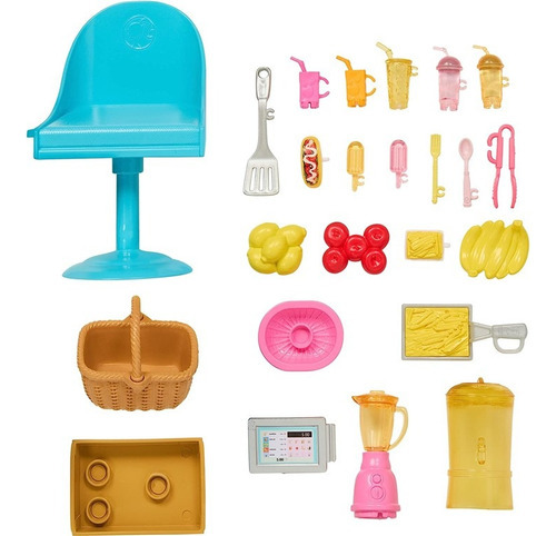 Camión de limonada Barbie Beach, más de 20 piezas, Mattel HPL71, color rosa y amarillo