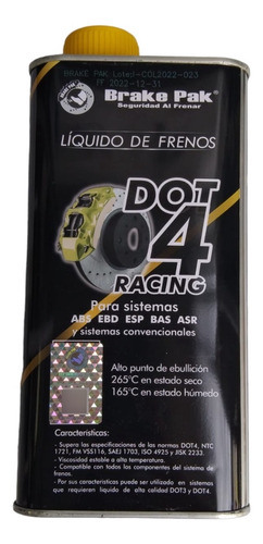 Líquido De Frenos Marca Brakepak Dot4 Racing 1000ml