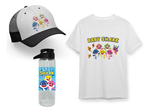 Pack Negro Remera + Botella + Gorra Baby Shark Canciones