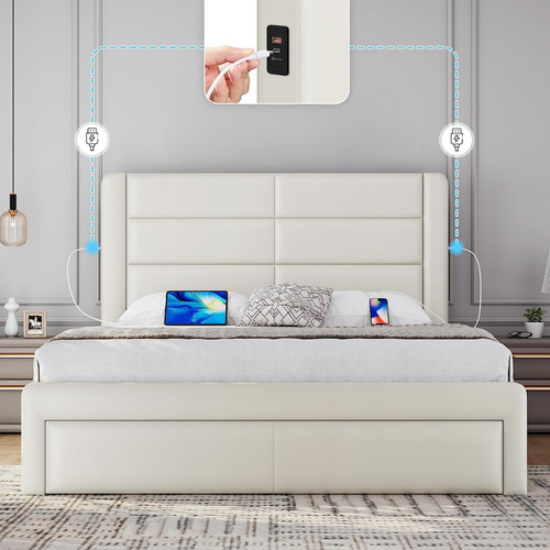 Base Cama Matrimonial Moderno C/ Cabecera Hogar Usb Crema