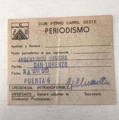 Entrada De Fútbol De Prensa Sn Lorenzo Argentinos Jrs (Usado)
