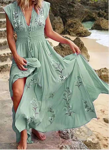 Vestido De Playa Con Estampado Bohemio Y Escote En Pico