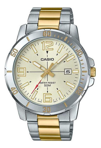 Reloj pulsera Casio MTP-VD01 con correa de acero inoxidable color plateado/oro - fondo beige - bisel plateado