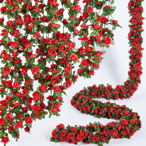 8 Guirnaldas De Flores Rojas Artificiales Con Hojas Verdes