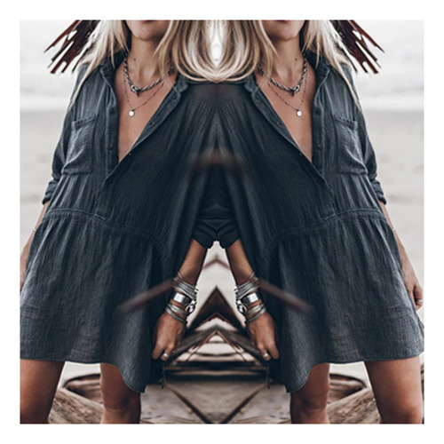 Vestido Camisero Suelto Algodón Lino Mujer Otoño E Invierno