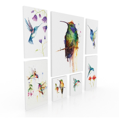 Set De 7 Cuadros Decorativos Colibris Acuarela