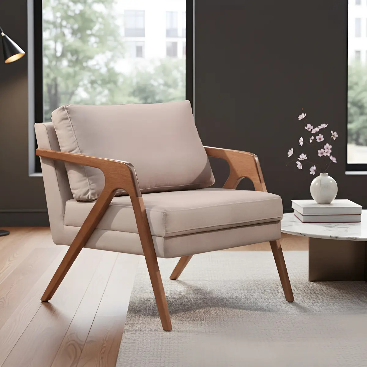 Poltrona Decorativa Luxo Mona Madeira Maciça Cores Cor Linho Bege