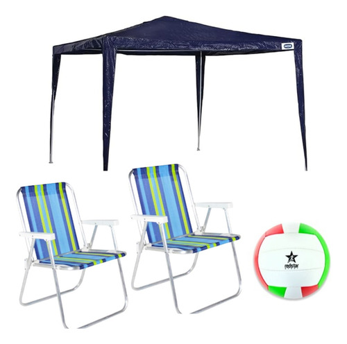 Tenda De Praia Gazebo Azul+ Cadeira De Praia +bola De Volei 