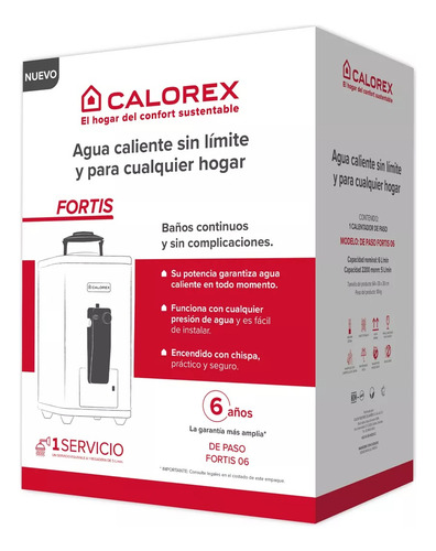 Calentador D'paso 6l 1 Servicio Fortis Calorex Blanco Glp