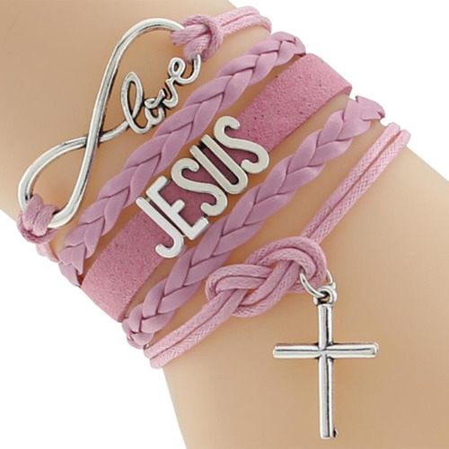 Pulseira Feminina Couro Jesus Infinito Cruz Rosa