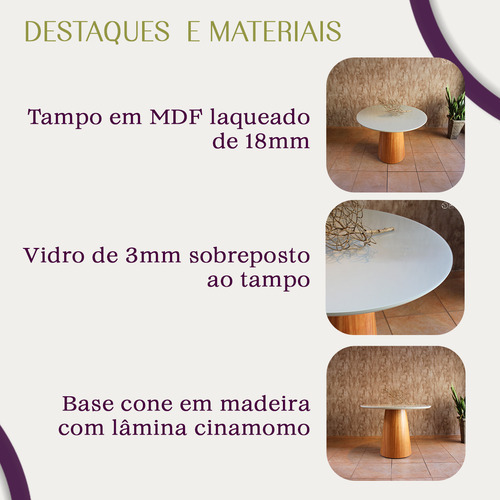 Mesa Jantar Cone Verniz Tampo Redondo Laca Com Vidro 135cm