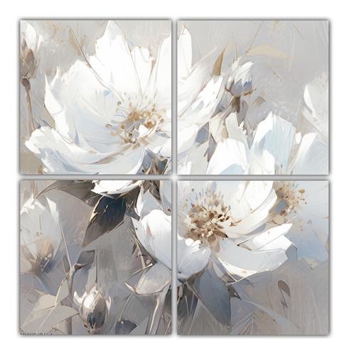 100x100cm Cuadros Decorativos Flores Blanco Plata Patron Int