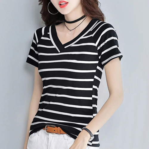 Camiseta De Mujer De Manga Corta Con Cuello En V A Rayas