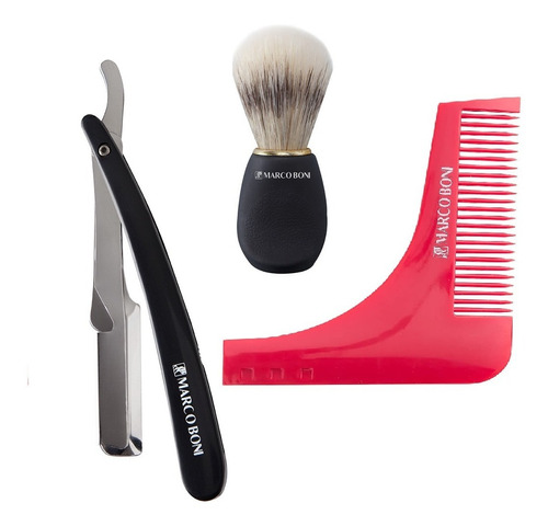 Kit C/ Pente Alinhador, Pincel Para Barba E Navalhete 