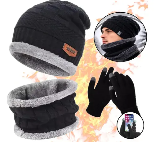 Kit Inverno Touca Gorro Forrado + Gola Térmica + Luva Touch Celular Unissex