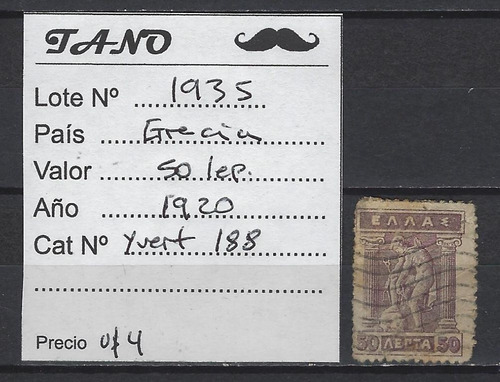 Lote1935 Grecia 50 Leptas Año 1920 Yvert# 188