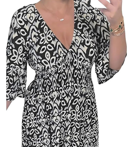 Vestido Bohemio Para Mujer Cuello V Plus Size Estampado