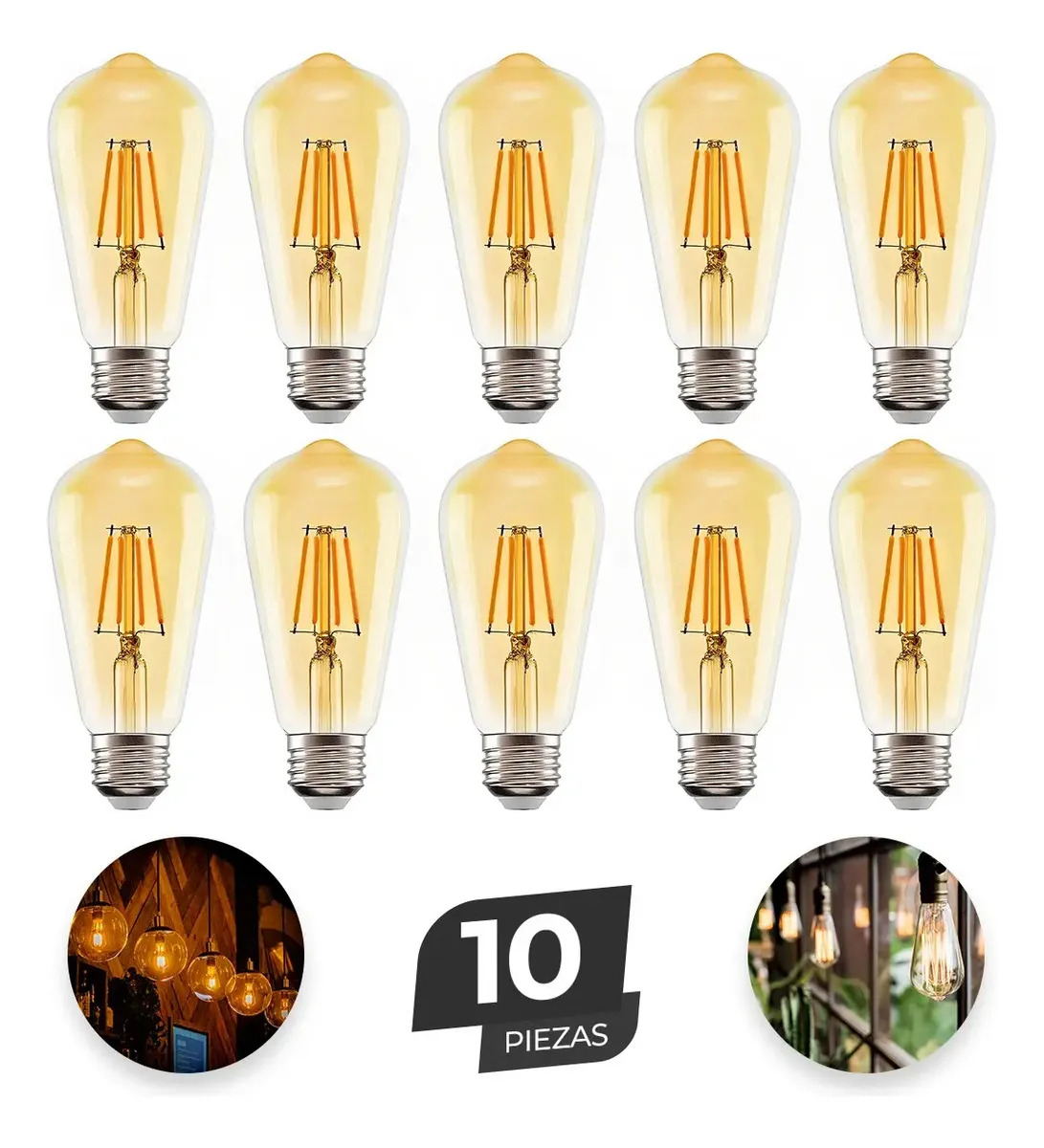 Paquete 10 Focos Vintage Led Bombillas Luces Para E26 / E27 Ámbar