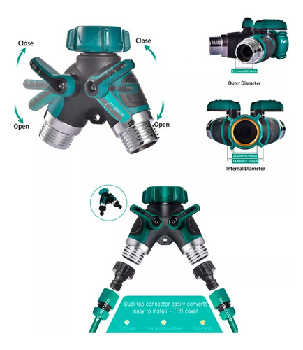 Divisor Manguera Riego, Conector 2 Vías Metal + 2 Accesorios