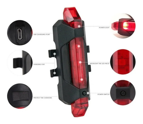 Imagen 4 de 6 de Luz De Bicicleta Led Recargable Por Usb Trasera O Posterior