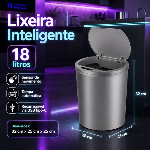 Lixeira 18 Litros Inteligente Sensor Automático Durabilidade Superior ​Para Ambientes Domésticos E Comerciais Cor Cinza