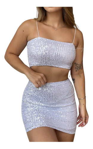 Conjunto Paetê Sxy Top Faixa E Saia Branco Carnaval Festas