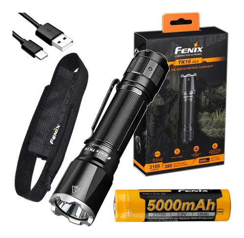 Lanterna tática Fenix Tk16 V2.0 de 3100 lúmens+bateria de 5000. Cor da lanterna: preto, cor da luz, branco