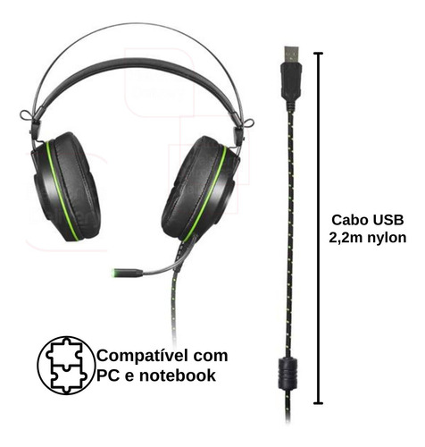 Imagem 5 de 6 de Fone Headset Gamer 7.1 Usb C/ Led Verde Warrior Raiko Ph259