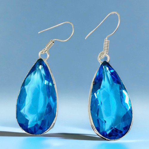 Imagen 3 de 5 de Aros Lagrima Plata India Topacio Azul 100% Natural Ata-09