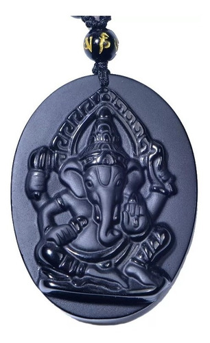 Collar Dije En Obsidiana Ganesha Elefante Sabiduria