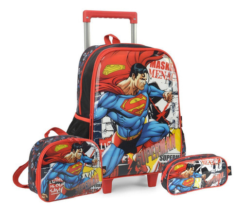 Kit Mochila Rodas Superman Masked Escolar Lancheira E Estojo