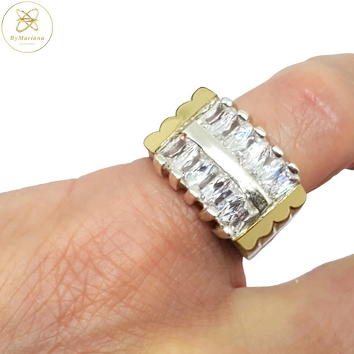 Imagen 3 de 10 de Anillo Plata Y Oro 2 Hileras De Piedras Cubic