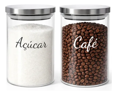 2 Potes De Vidro Hermético Tampa De Inox Para Café E Açúcar