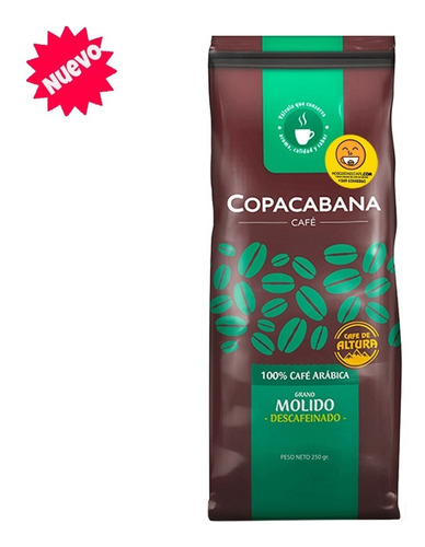 Café Copacabana Descafeinado, 100% Arábica, Molido, 250grs.