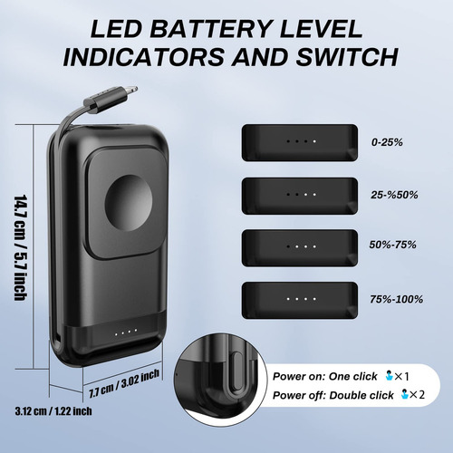 Cargador portátil Phelinta de 6000 mAh, magnético, compatible con Apple Watch y iPhone 12/13/14/15, incluye cable incorporado.