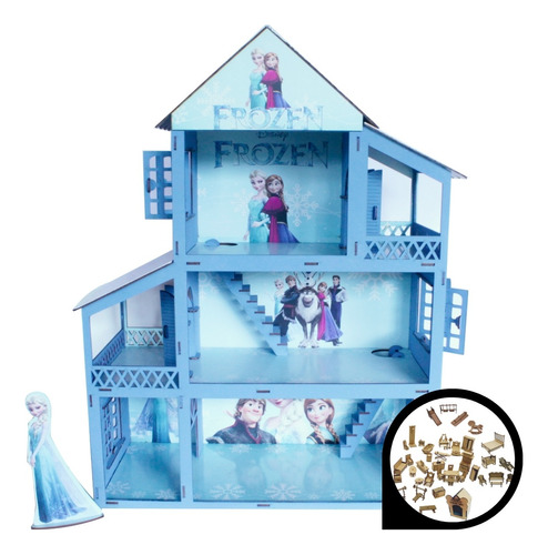 Casa De Boneca Adesivada P/ Polly  Frozen + Móveis E Brindes